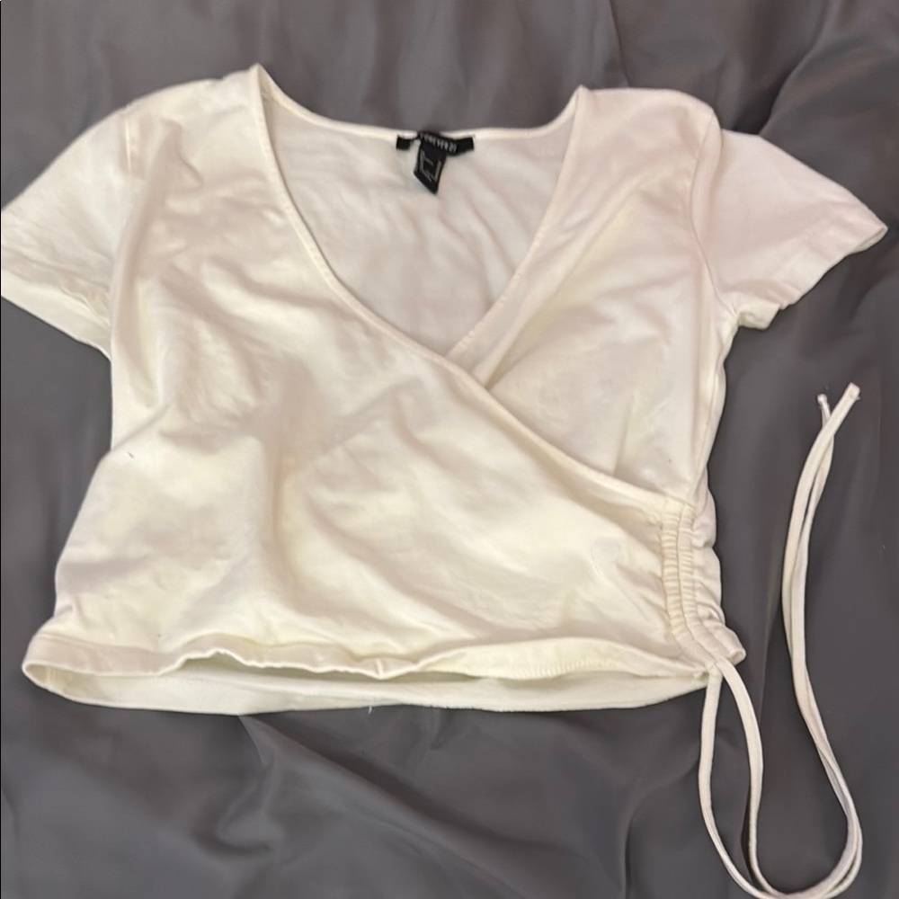 Forever 21 Cream Short Sleeve Wrap Crop Tee
